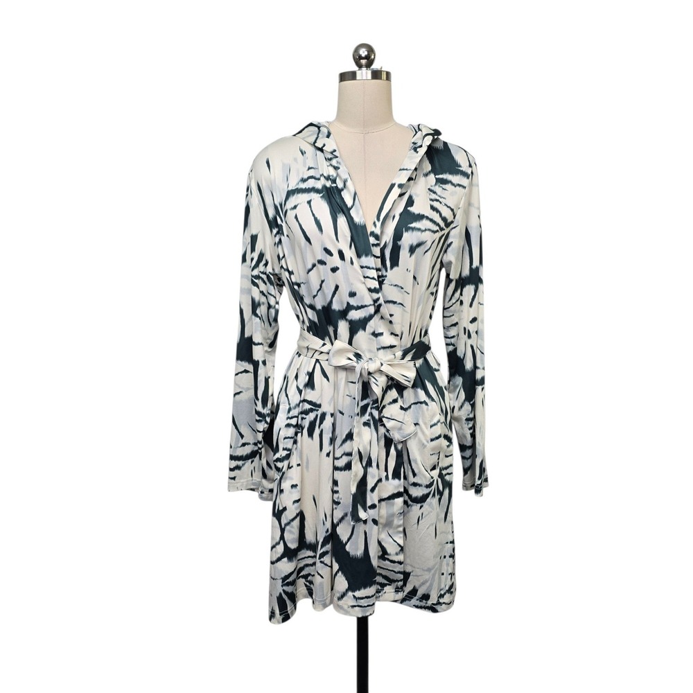 RipSkirt Hawaii Women M/L Hooded Robe Monstera Leaf Print Green Cream Cover Up